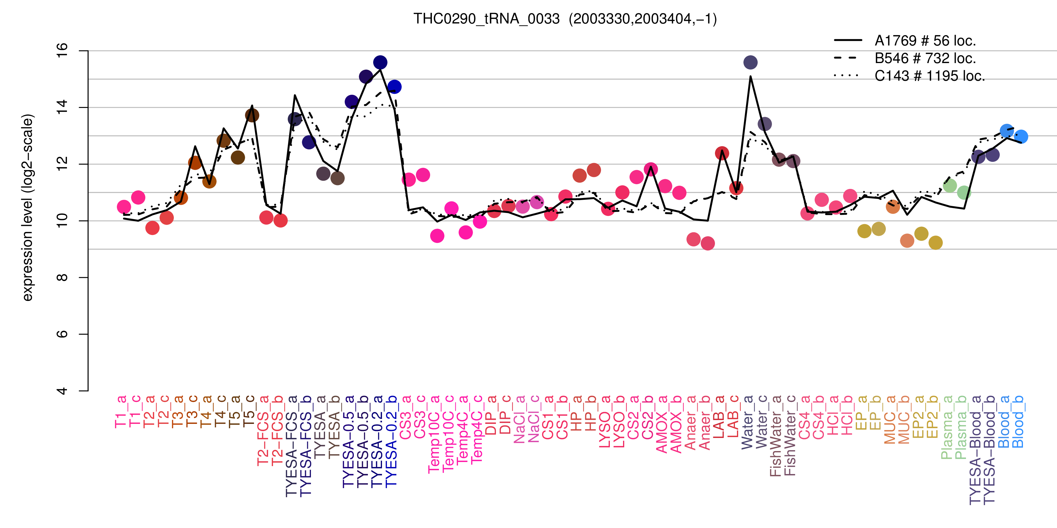 THC0290_tRNA_0033 expression levels among conditions